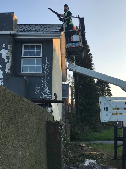 Chimney removal in progress — cherry picker access, Kildare